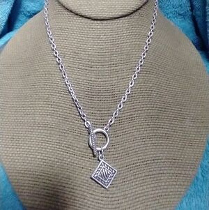 Elegant Silvertone Pendant Toggle Square intricate detail chain Necklace vintage